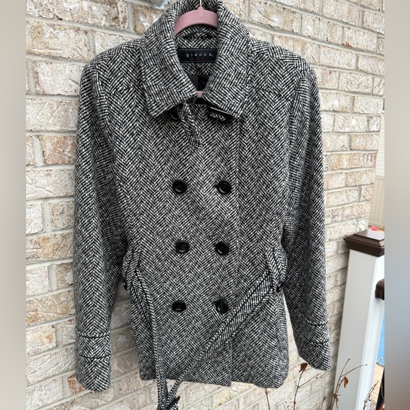 Gibson Jackets & Blazers - Giacca black and white herringbone tweed double-breasted belted pea coat,